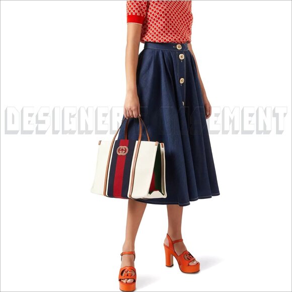 GUCCI white Canvas w/ cognac Leather Interlocking G WEB Medium Shopping Tote Bag - Picture 12 of 12